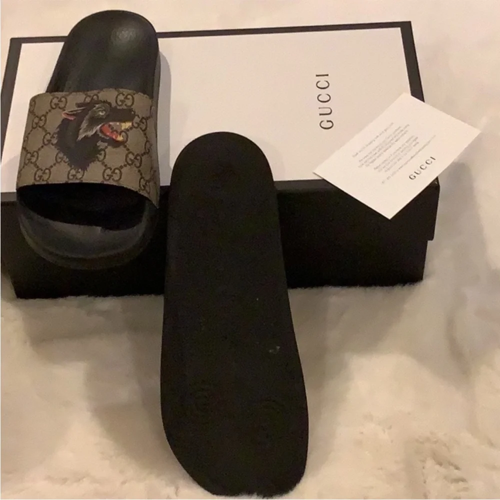 Gucci GG Wolf Black and Brown Monogram Slides